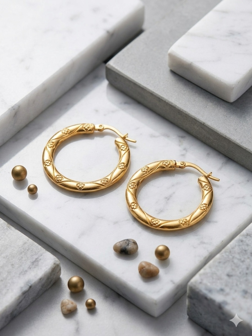 Stainless Steel Gold Floral Engraved Hoop Earrings